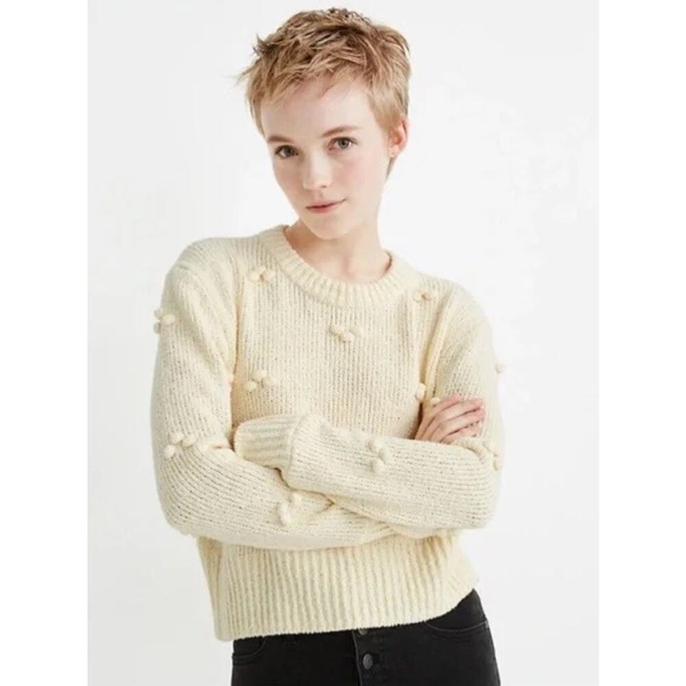 Madewell Dotted Bobble Pullover Sweater Cotton Cropped Long Sleeve Crew Cream S